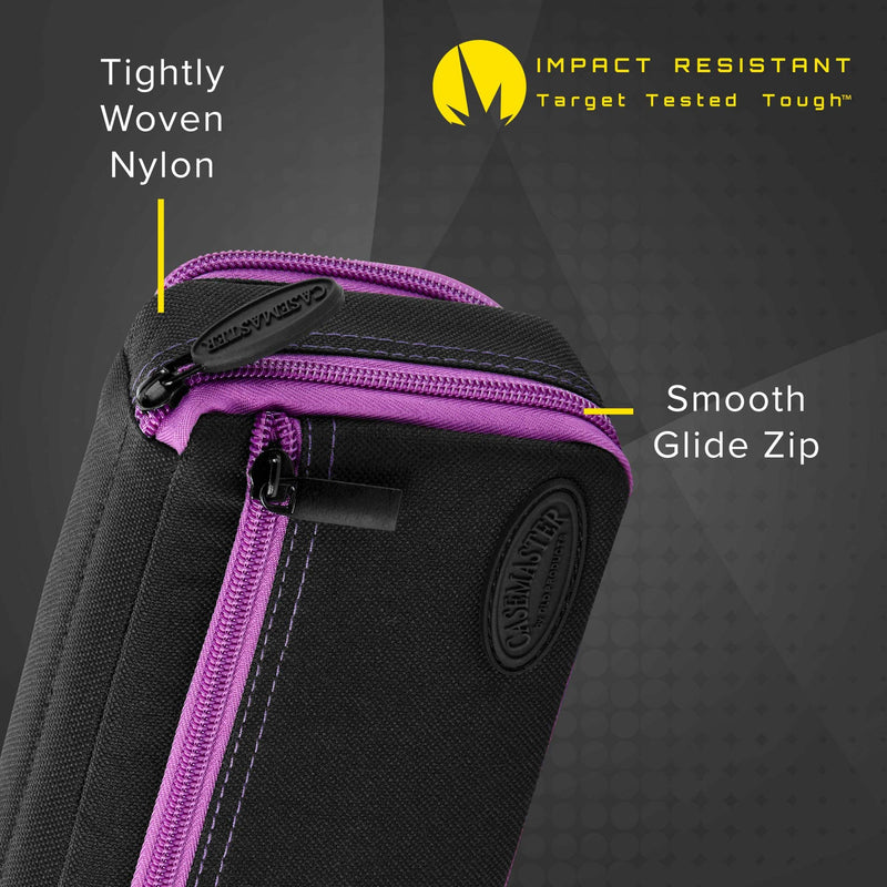 [AUSTRALIA] - Casemaster Plazma Plus, 3 Dart Case for Soft and Steel Tip Darts Features Large Front Mobile Device Pocket, Built-in Storage Tube and Pockets for Flights, Tips, Shafts, and Personal Items Amethyst Trim 