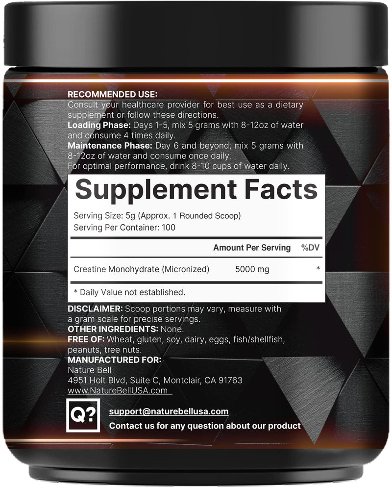 NatureBell Creatine Monohydrate Powder 500 Grams, 5000mg Per Serving, Pure Unflavored Creatine Powder - Micronized - Pre Workout | Keto | Vegan | Dissolves Easy | Filler Free - 100 Servings (1.1Lb) - BeesActive Australia
