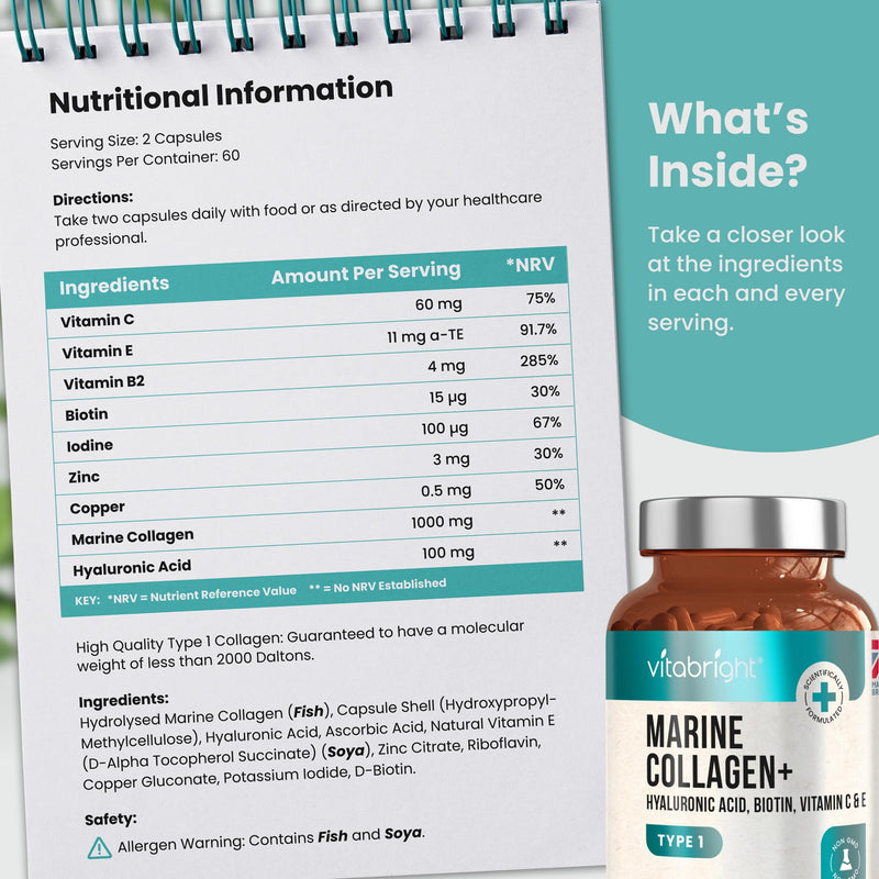 Marine Collagen Capsules 1000mg - 120 Capsules - 9 Powerful Skin Supporting Nutrients - Type 1 Hydrolysed Pure Marine Collagen with Hyaluronic Acid - Marine Collagen Supplement by VitaBright - BeesActive Australia