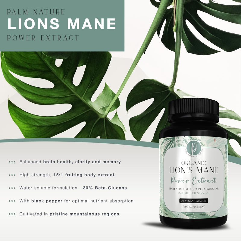 Organic Lions Mane Supplement with Black Pepper - High Strength 10:1 Extracts, Not Powders - 30% Beta-Glucans - Formulated for Cognitive Health - 90 Vegan Capsules - 1500mg Per Serving - BeesActive Australia