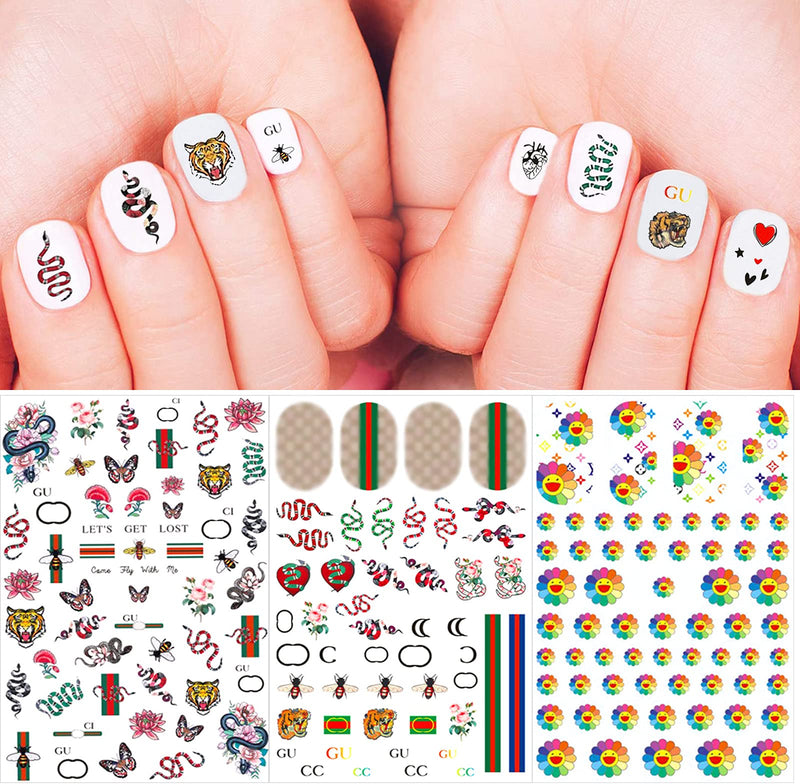 Nail Art Stickers Decals 3D Nail Art Supplies Sunflower Snake Heart Tiger Butterfly Nail Decals for Nail Art Design Self Adhesive Luxury Designer Nail Stickers for Nails Art Decoration (8 Sheets) A-3 - BeesActive Australia