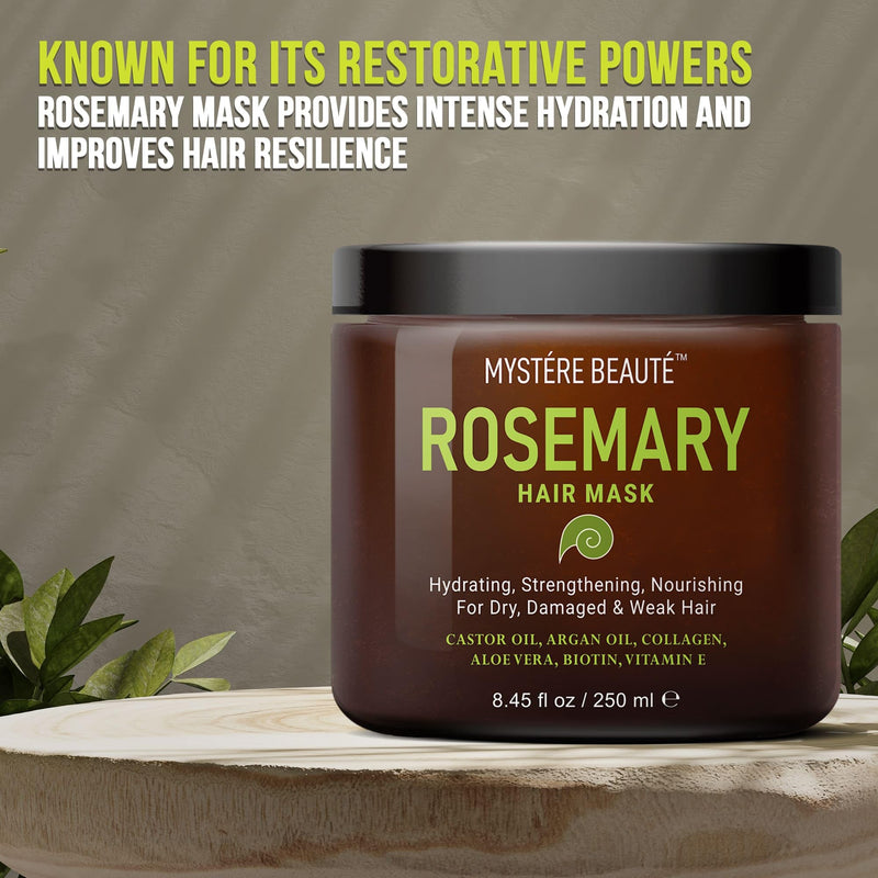 MYSTÉRE BEAUTÉ Rosemary Hair Mask for Dry Damaged Hair with Collagen, Biotin, Argan Oil- Strengthening Hair Masque for Split Ends, Hair Loss and Breakage- 8.45 fl oz - BeesActive Australia