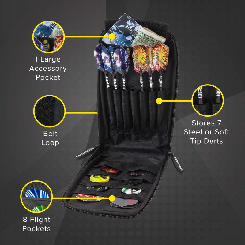 Casemaster Mini Pro Black Leatherette Dart Case with Room for 6 Darts, Steel Tip or Soft Tip, with Slim Profile Leather-Like Covering and Built-in Pockets for Flights, Shafts and Tips - BeesActive Australia