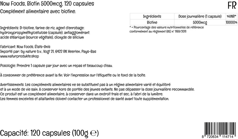 Now Foods, Biotin, 5.000mcg, Vitamin B7, Highly Dosed, 120 Vegan Capsules, Lab-Tested, Gluten Free, Soy Free, Vegetarian, Non-GMO - BeesActive Australia