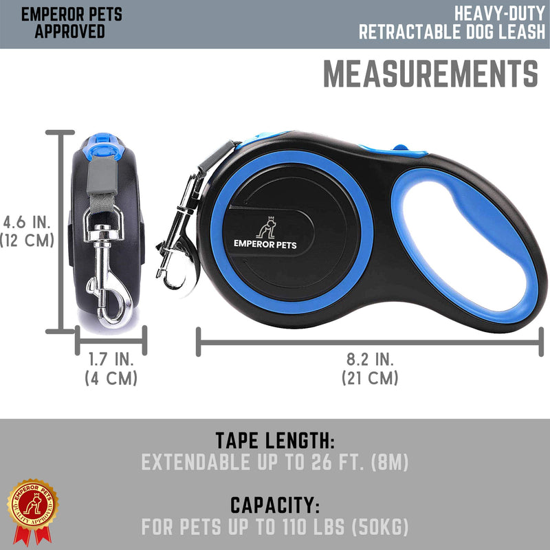 Emperor Pets 26 ft Retractable Dog Leash Large Dogs - Up to 110lb, Heavy Duty Dog Leash Retractable, Dog Leashes for Large Breed Dogs, Grey Dog Leash Large Dogs, Dog Leashes for Medium Dogs 26 ft. / 8m Blue - BeesActive Australia