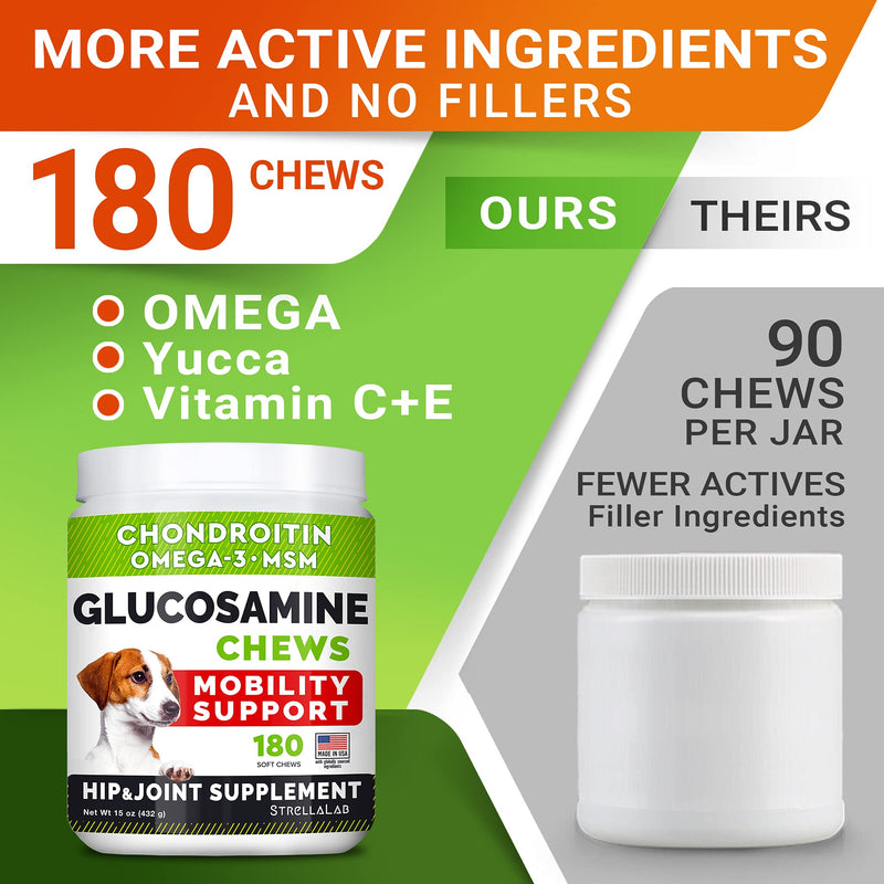 Glucosamine Treats for Dogs - Joint Supplement w/ Omega-3 Fish Oil - Chondroitin, MSM - Advanced Mobility Chews - Joint Pain Relief - Hip & Joint Care - Chicken Flavor - 180 Ct - Made in USA - BeesActive Australia
