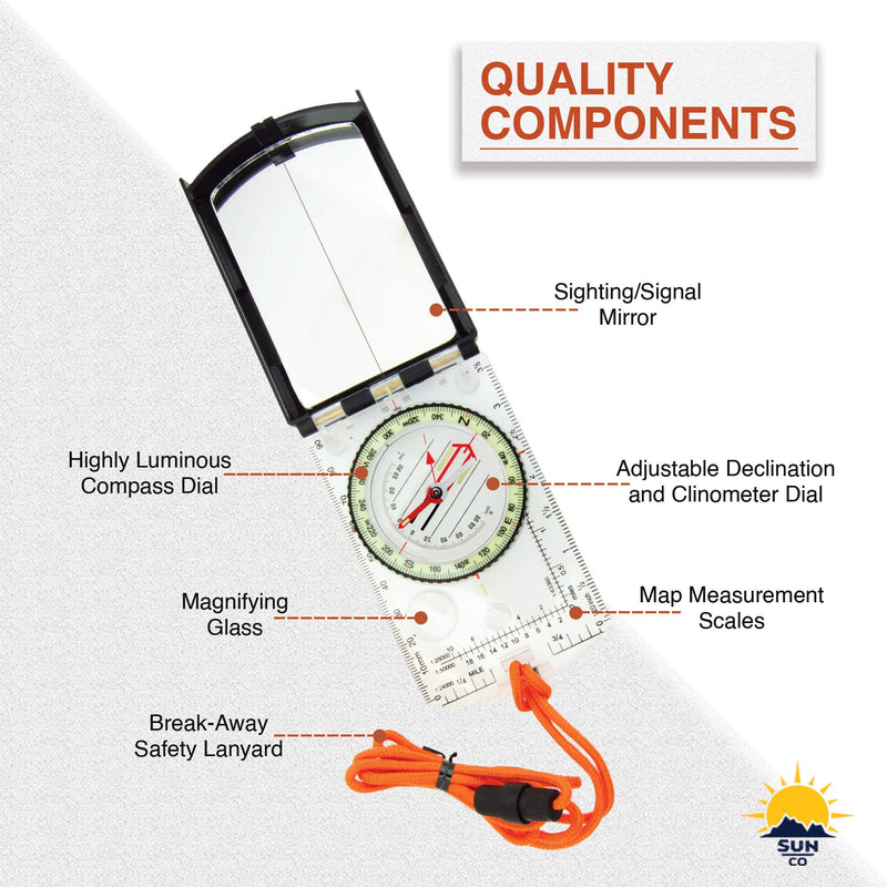 Sun Company ProSight Sighting Map Compass with Adjustable Declination - Handheld Orienteering Baseplate Compass for Hiking, Backpacking, and Survival Navigation - BeesActive Australia