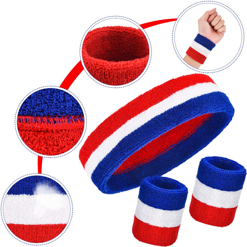 15 Pieces Striped Sweatbands Set, Includes 5 Pieces Sports Headband and 10 Pieces Wristbands Sweatbands Colorful Cotton Striped Sweatband Set for Men and Women（Red White and Blue Set 5, 15 Pieces - BeesActive Australia