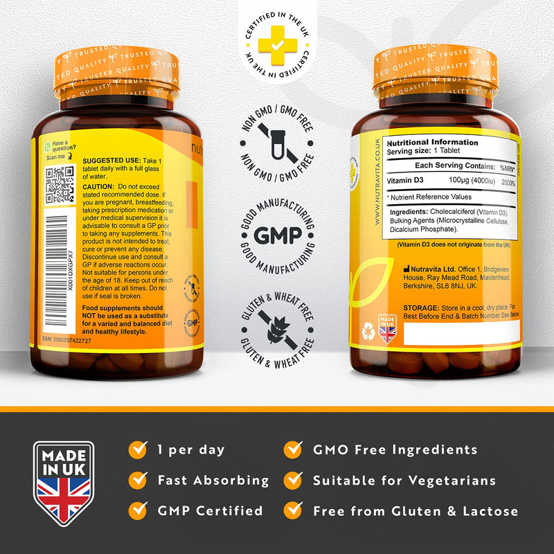 Vitamin D 4000 IU - 500 Micro Tablets - Max Strength - 16 Month Supply - Hight Strength Vegetarian VIT D3 - Vitamin D3 Supports Your Immune System & Bone Health - Made in The UK by Nutravita - BeesActive Australia