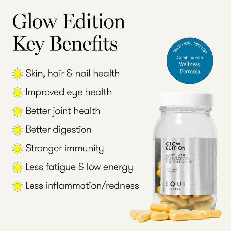 Equi - Glow Edition - 30 Day Multivitamin Capsules - Anti-Aging, Brightening Skin Supplement - Collagen Synthesis - Fights Wrinkles & UV Damage - Resveratrol, Bilberry, Turmeric, Pine Bark Extract Glow Edition Capsules - BeesActive Australia