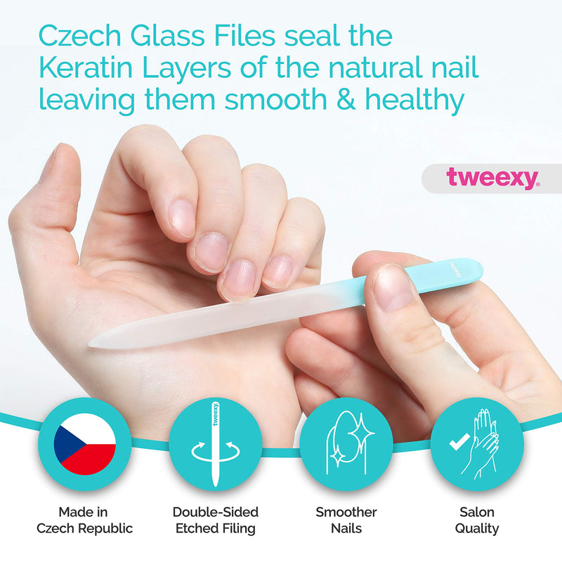 tweexy Genuine Czech Crystal Glass Nail File with Protective Case and Vinyl Sleeve, Manicure and Pedicure Tool, Nail Care Accessories (Turquoise) Turquoise - BeesActive Australia