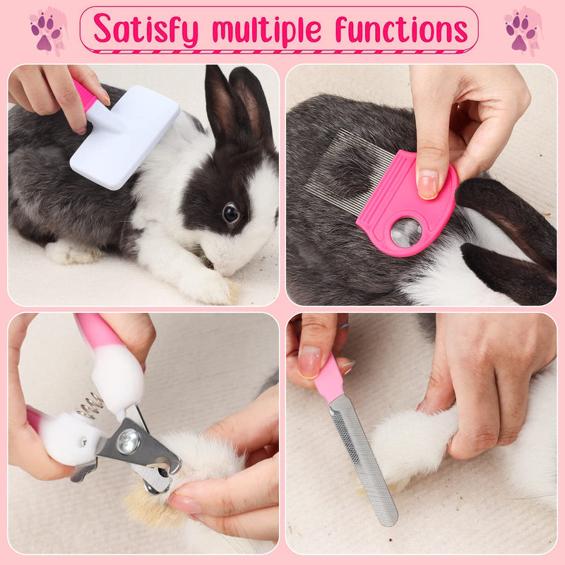 VCZONE 8 Pcs Small Animal Pink Grooming Kit, Rabbit Grooming Kit with Pet Nail Clipper and File, Flea Comb, Pet Shampoo Bath Brush , Pet Shedding Slicker Brush, Bath Massage Glove, Small Cleaning Comb - BeesActive Australia