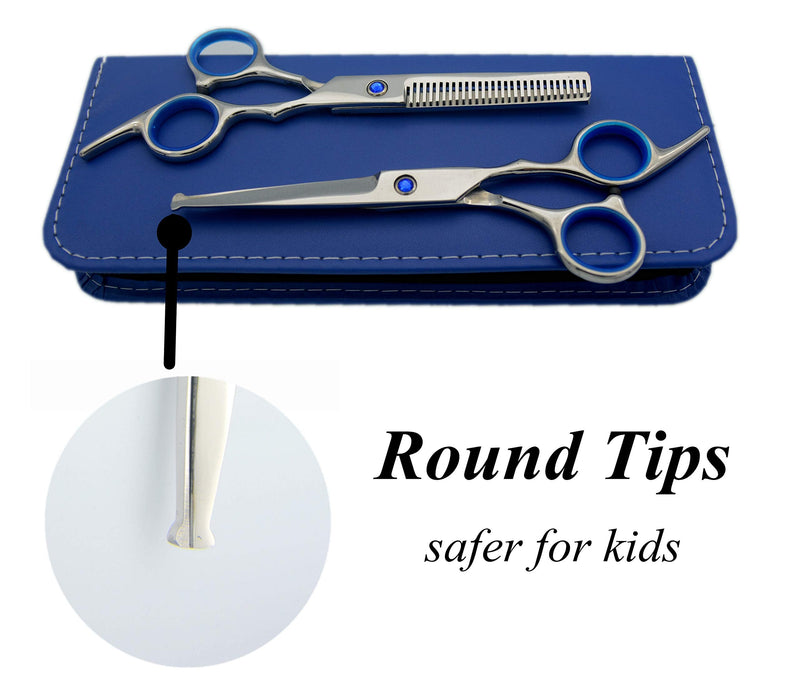 LIGICKY Baby Hair Cutting Scissors Set Professional Safety Round Tip Stainless Steel Hair thinning Shears Bang Hair Scissor for Kids/Salon/Home Blue - BeesActive Australia