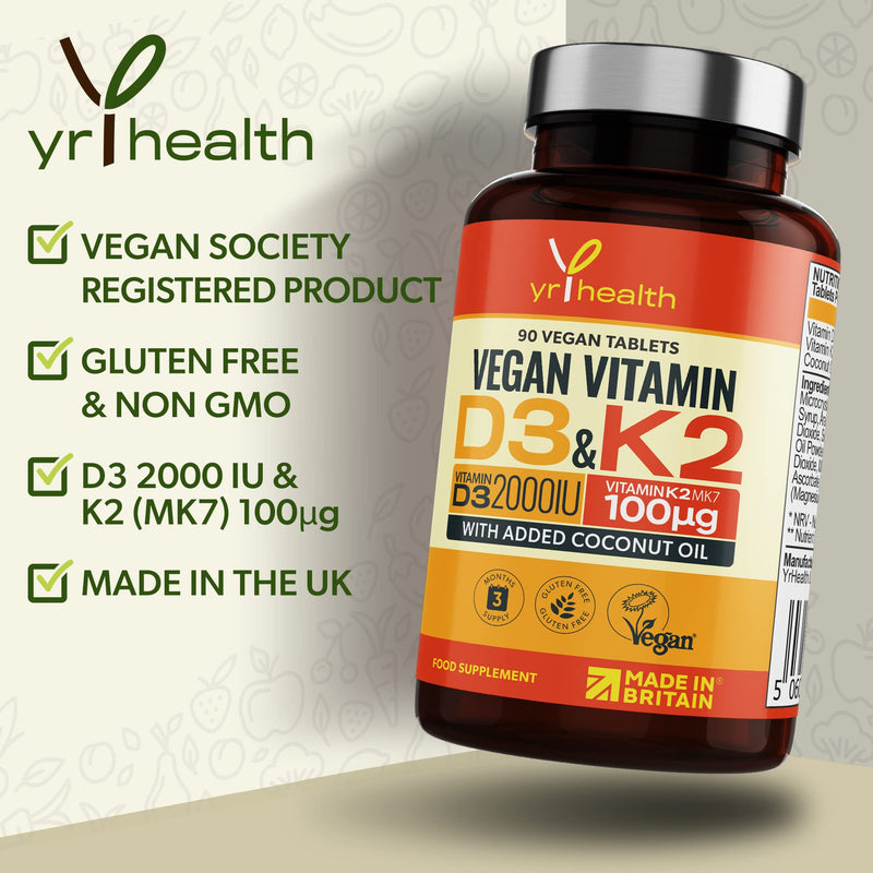 Vegan Vitamin D3 K2 Tablets High Strength & Coconut Oil for Absorbtion - Vitamin D 2000iu & Vitamin K2 Mk7 100mcg Plant Based Supplement for Immune System, Bones, Blood Calcium Levels, Made in The UK - BeesActive Australia