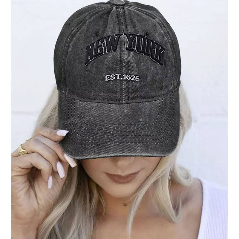 Baseball Hat New-York Distressed-Adjustable-Strapback - Washed Twill Dad Hat Unisex Black - BeesActive Australia