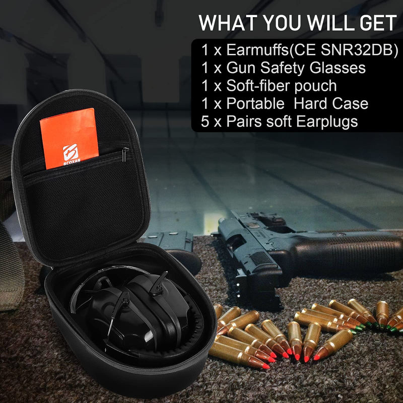 Shooting ear protection safety eamuffs, Gun range hearing protection, Shooting safety glasses, Ear plugs, carrying case Black - BeesActive Australia