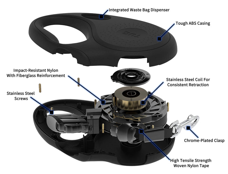 TUG Oval 360° Tangle-Free Retractable Dog Leash with Integrated Waste Bag Dispenser Medium Black - BeesActive Australia