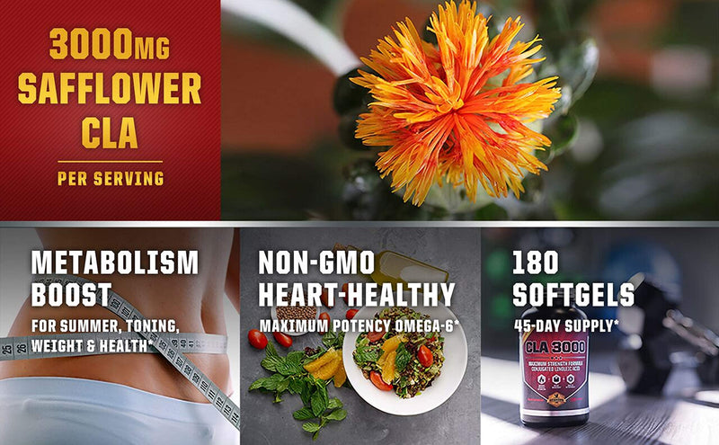 CLA 3000 - CLA Safflower Oil for Metabolism and Weight Loss Management, Maximum Strength Conjugated Linoleic Acid, Stimulant-Free Non-GMO Safflower Cla by Vitamorph Labs - 180 Softgels - BeesActive Australia