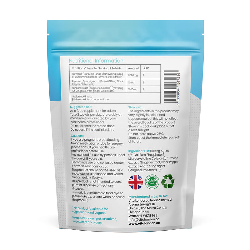Turmeric Tablets 4000mg + Black Pepper & Ginger | 120 High Strength Curcumin Supplement Tablet (Not Capsule or Powder) | 2 Month Daily Supply | Made in UK | Vegan 120 count (Pack of 1) - BeesActive Australia