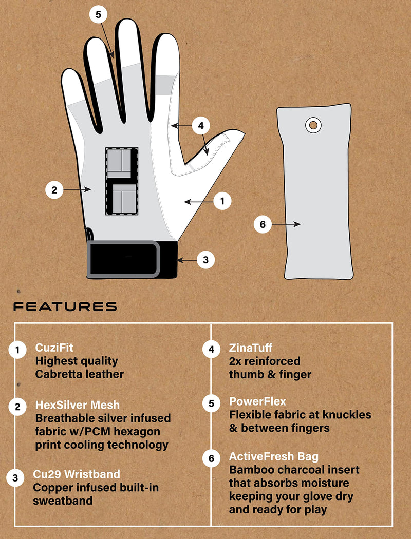 CUZINA HexPro Pickleball Racquetball Glove Steel Gray / White Large Left - BeesActive Australia