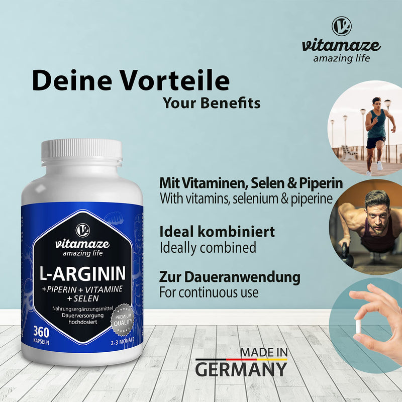 L-Arginine Capsules, Highly Concentrated, 360 Tablets with Vital Formula B6, B12 + Folic Acid + Selenium and Piperine, Organic & Natural Supplement Without Additives - BeesActive Australia