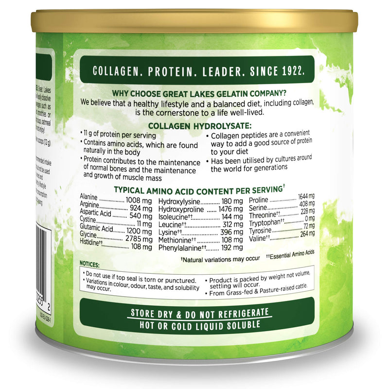 Great Lakes Gelatin Collagen Hydrolysate, Grass-Fed Bovine Hydrolysed Collagen Peptides Protein Powder Supplement, Unflavoured, 226g, Can - BeesActive Australia
