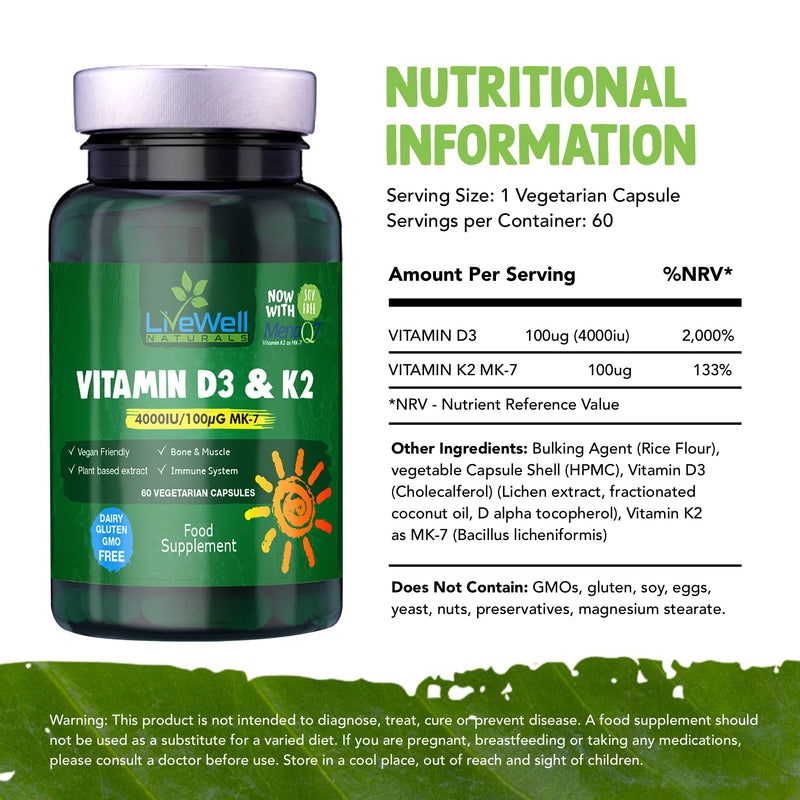Vegan Vitamin D3 4000iu and Vitamin K2 MK7 100�g High Strength Completely Plant Based 60 Days Supply Vitamin D Vegan Tablets Gluten, GMO & Lanolin Free - BeesActive Australia
