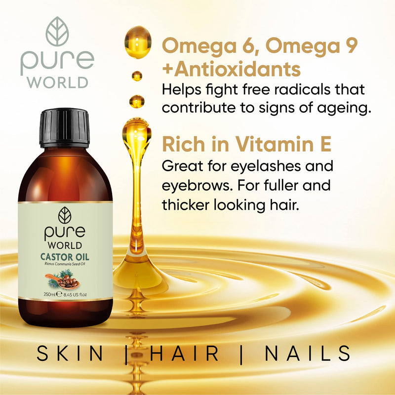 Pure World Castor Oil 250ML. Cold Pressed 100% Pure and Undeluted Hexane Free Natural for Eyebrows, Nails, Beard, Hair, Eyelash Growth Cruelty Free - BeesActive Australia
