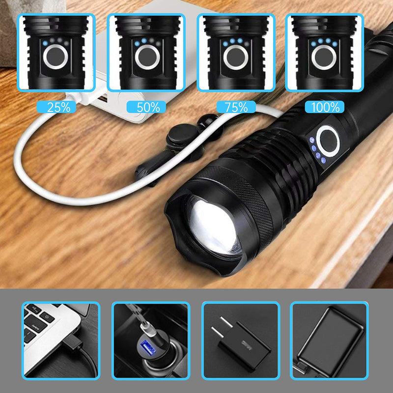 Rechargeable Led Flashlight, 10000 Lumens Super Bright Flashlights High Lumens tactical Flashlights with 26650 Batteries Included, Zoomable, 5 Modes, Waterproof Flashlight for Emergencies, Camping - BeesActive Australia