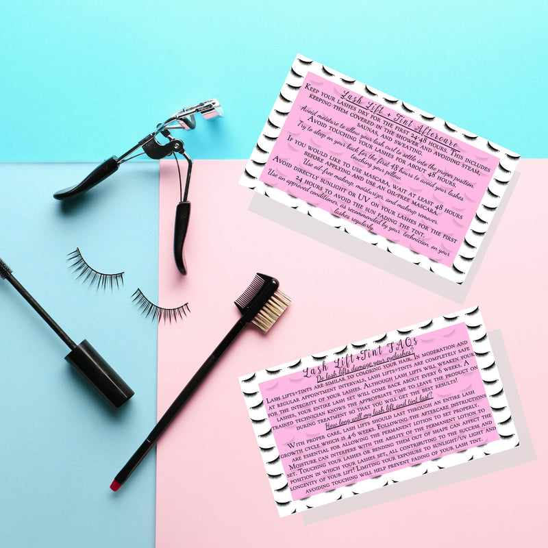 Lash Lift + Tint Aftercare Instruction Cards | 50 Pack | 2 x 3.5” inches Business Card Size | Eyelash Lift and Tint Kit at Home DIY aftercare Supplies | Lash Print with Pink Inlay Design - BeesActive Australia