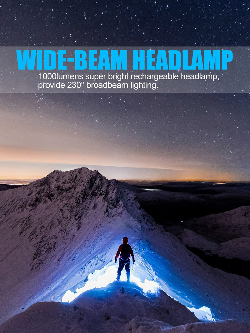 LED Headlamp Flashlight, 1000lumens 230° Broadbeam Headlight, USB Rechargeable Head Lamp with Red Taillight, Lightweight Waterproof Headlamps for Camping Running Hiking, Hard Hat Headlamp 2pcs Widebeam Headlamp - BeesActive Australia