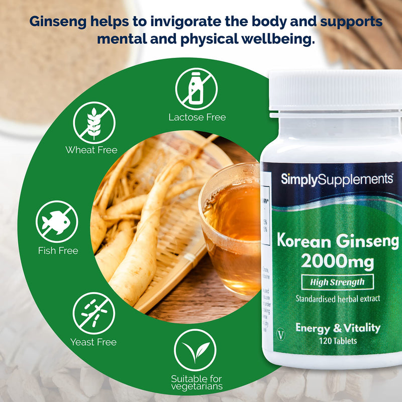 Korean/Panax Ginseng 2000mg | 120 High Strength Ginseng Tablets | Vegan & Vegetarian Friendly | Supplement Supports Cognitive Function While Reducing Tiredness and Fatigue | Manufactured in The UK 120 Count (Pack of 1) - BeesActive Australia