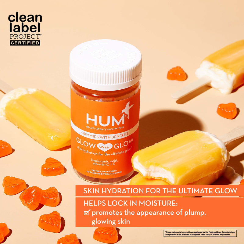 HUM Glow Sweet Glow - Skin Hydration Gummy Hearts Supplement - Promotes Healthy Skin with Hyaluronic Acid, Vitamin C & Vitamin E - Non-GMO & Gluten Free (60 Vegan Tangerine-Flavored Gummies) - BeesActive Australia