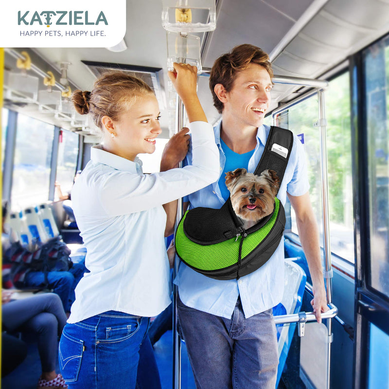 Expandable Pet Carrier Sling Bag - Small Dog, Puppy and Cat Carrier Front Shoulder Backpack w/ Harness Strap - Carrying Pouch for ESA, Animal Travel - PU Leather Bottom, Mesh Pocket by Katziela - BeesActive Australia