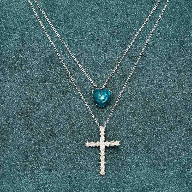 Jovono Silver Multilayed Cross Pendant Necklaces Fashion Blue Heart Crystal Necklace Chain Jewelry for Women and Girls - BeesActive Australia