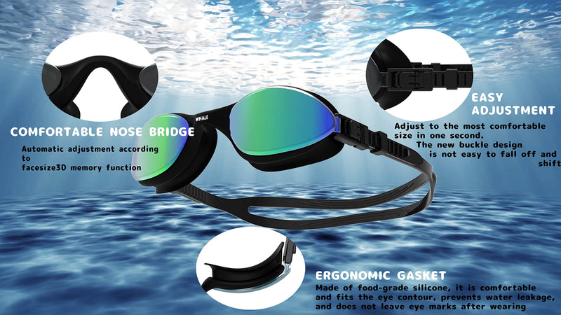 Whale Swimming Goggles Anti-Fog Anti-UV Silicone Swim Goggles Adult Women Men Black Frame/Mirror Gold Lens - BeesActive Australia