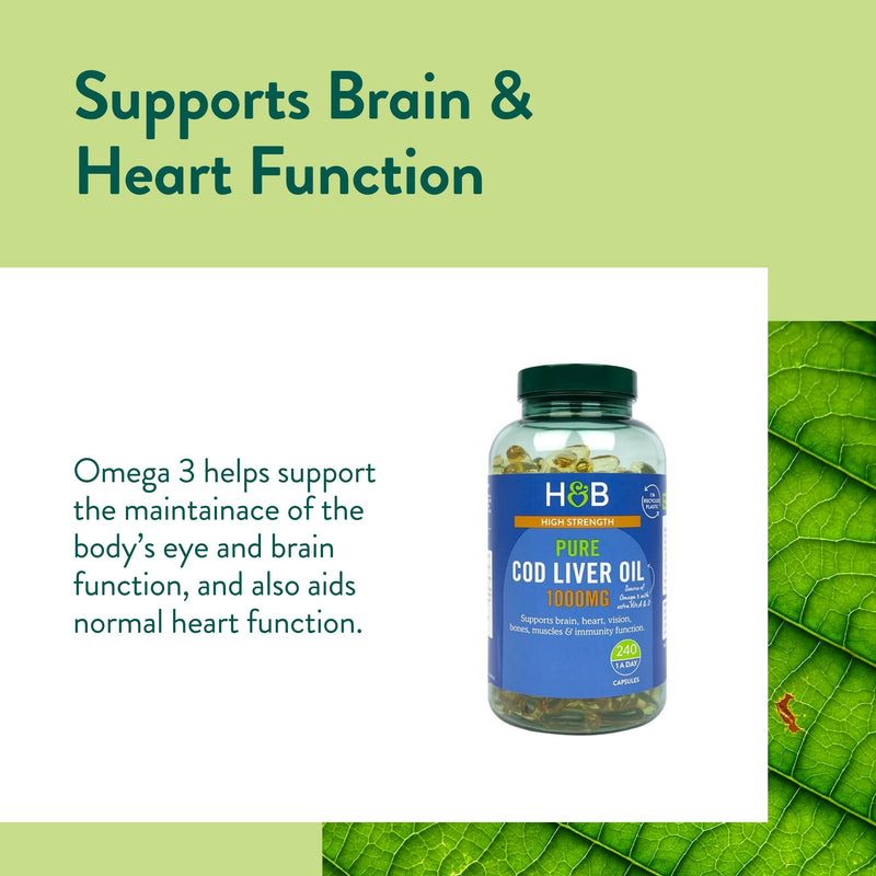 Holland & Barrett Pure Cod Liver Oil 1000mg - Natural Source of Omega-3, Vitamin A and Vitamin D - 240 Capsules 240 count (Pack of 1) - BeesActive Australia
