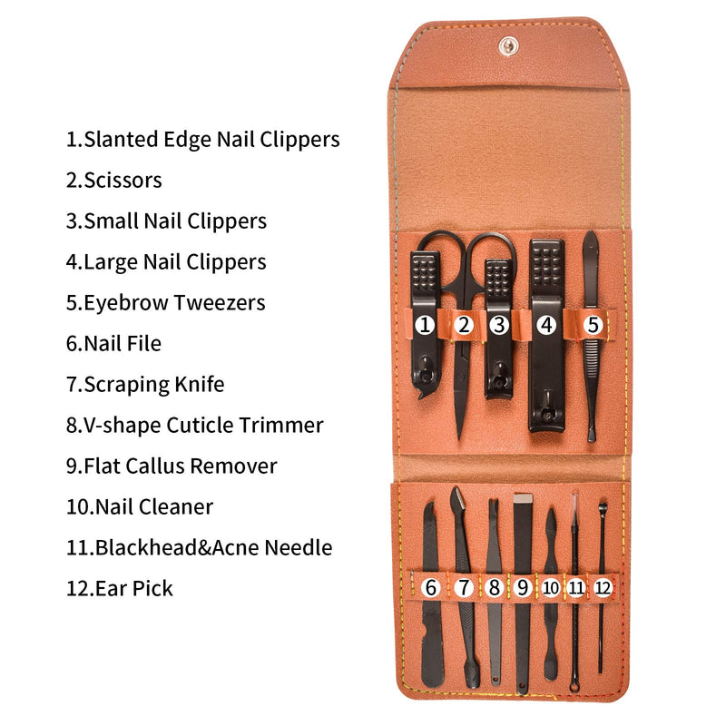 Tirdkid Nail Clipper Set, Manicure Set,fingernail clippers kit, Sharp Black Stainless Steel Pedicure and Manicure kit with PU Leather Case,Best fingernail and toenail kit for men（Brown 12 In 1） - BeesActive Australia