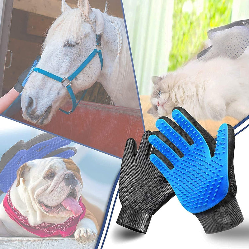 Pet Grooming Glove Hair Remover Brush Gentle Deshedding Efficient Pet Mitt Pet Massage Gloves Left & Right Hand Draw Dogs Cats Horses Long Short Fur (1Pair Left & Right Hand) Blue - BeesActive Australia