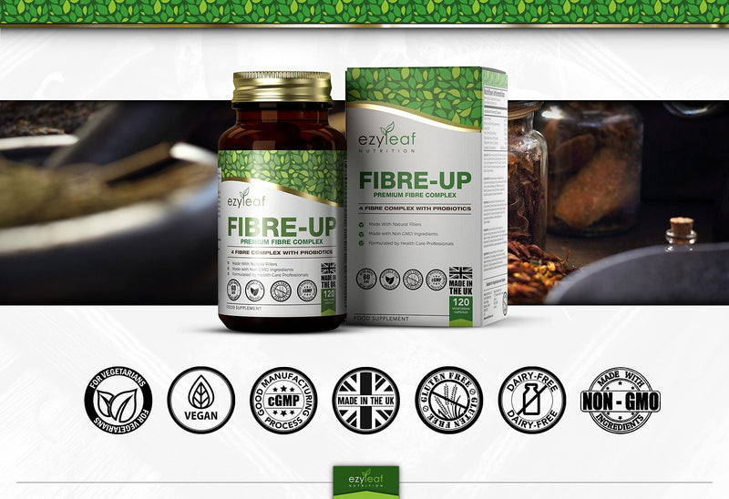 Ezyleaf Fibre-UP Psyllium Husk Capsules | Multi Fibre Supplement + Probiotics & Prebiotics | Inulin, Glucomannan, Acidophilus Probiotic, Acacia Fibre, Peppermint 120 Caps | Non-GMO Vegan Allergen Free - BeesActive Australia