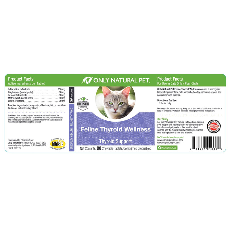 Only Natural Pet Thyroid Support Supplement Holistic Wellness for Cats - 90 Turkey Flavored Chewable Tablets - BeesActive Australia
