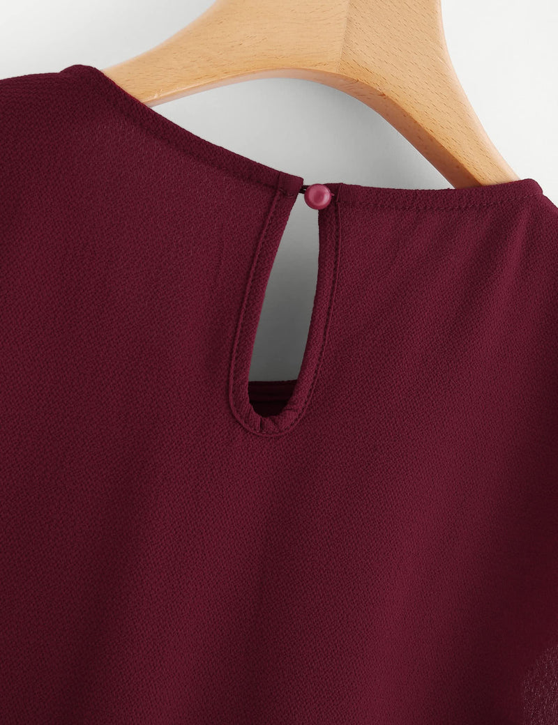 Milumia Women's Casual Round Neck Basic Pleated Top Cap Sleeve Curved Keyhole Back Blouse Large Burgundy - BeesActive Australia