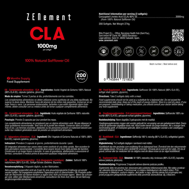 CLA 3000mg (3 softgels), 100% Natural Safflower Oil, 200 Softgels | Gluten Free, Non-GMO | Zenement - BeesActive Australia