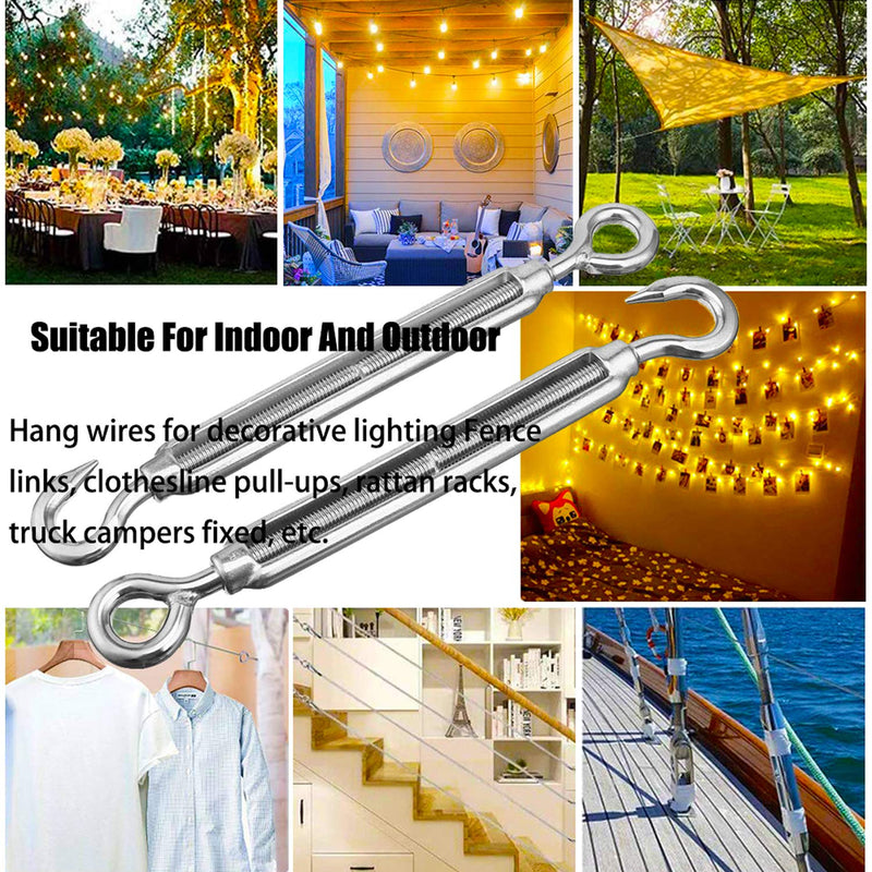 Metown, Turnbuckles Hook, 304 Stainless Steel Hook & Eye Turnbuckle M4/ M6/ M8 Heavy Duty Wire Rope Tension Cable Railing Kit for Sun Shade sail Installation (M8 2pack) M8 2Pcs - BeesActive Australia