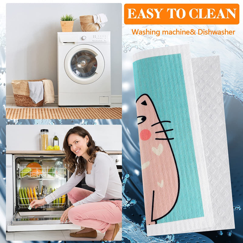 Patelai 6 Pieces Swedish Kitchen Dish Towels Reusable Sponge Cleaning Cloths Absorbent No Odor Hand Cloth Quick Drying Washable Cleaning Wipes (Cat) Cat Style - BeesActive Australia