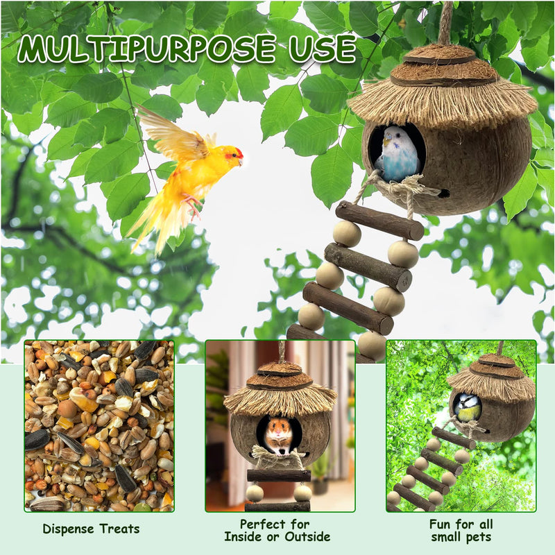 Tfwadmx Hanging Bird House with Ladder Natural Coconut Fiber Birds Nest Coco Shell Hideaway Lovebird Swing Toys Parrot Cage Accessories for Parakeet Finch Parrot Canary - BeesActive Australia