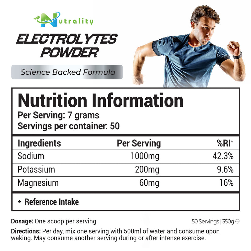 Nutrality Electrolytes Food Supplement Powder 350g – Refreshing Lemon Flavour. 50 Servings, No Sugar, Magnesium Keto Electrolyte Hydration Powder, Recovery, No Calcium, Paleo Hydration, Vegan Friendly - BeesActive Australia