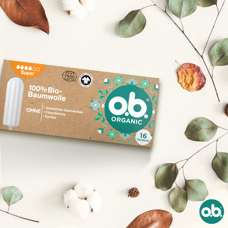o.b. Organic Super, Organic tampons for Strong Days, Made from 100% Organic Cotton for Reliable and Natural Protection (1 x 16 Pieces) - BeesActive Australia