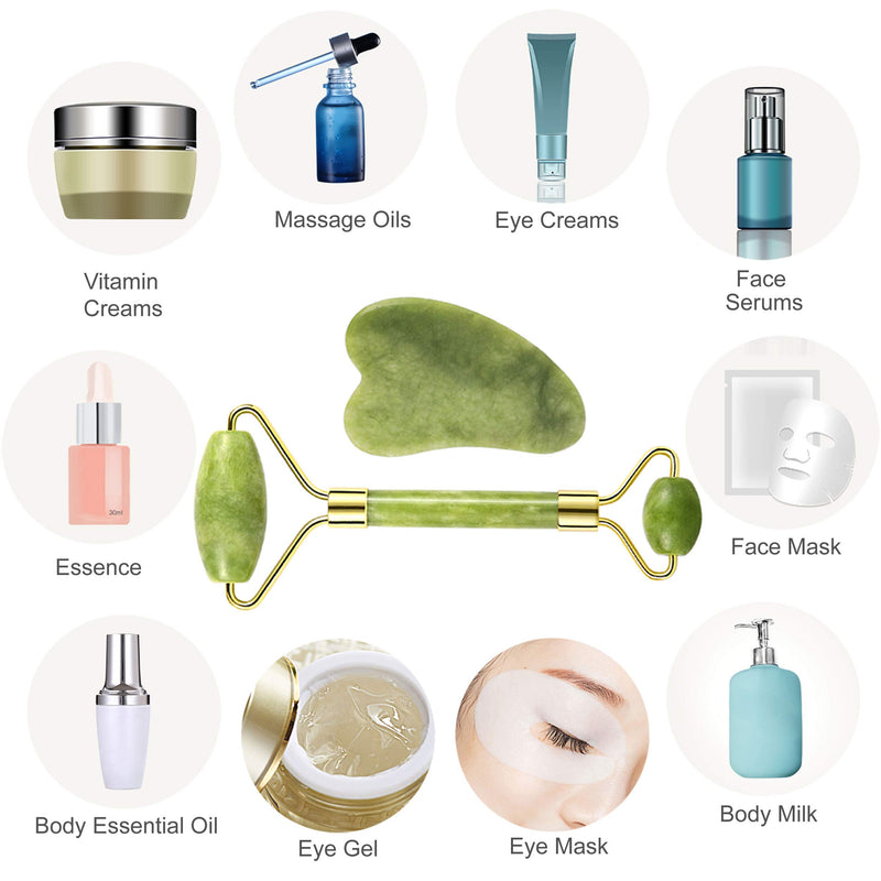 Jade Roller for Face and Gua Sha Set Facial Skin Roller Massager Tool - Anti-Aging Treatment - Handcraft Natural Green Jade - BeesActive Australia