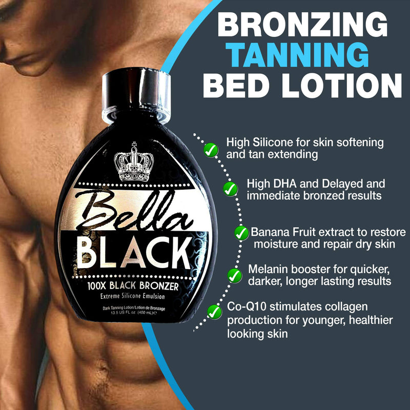 Bella Black 100X Bronzer Tanning Lotion – Premium Tanning Bed Lotion with Extreme Silicone Emulsion and Banana Fruit Extract – Instant Results – Dark Tanning Lotion for Indoor Tanning Beds - 13.5oz - BeesActive Australia